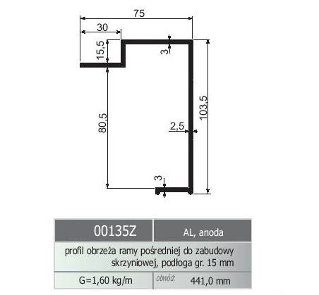 PROFIL OBRZEŻA ALU ANODA 103,5/75 /15,5,5   L=7000