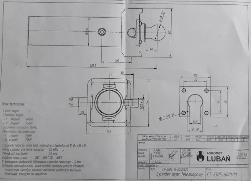 SIŁOWNIK HYDRAULICZNY SKOK 520 2 SEKCJE 6 TON CHRO