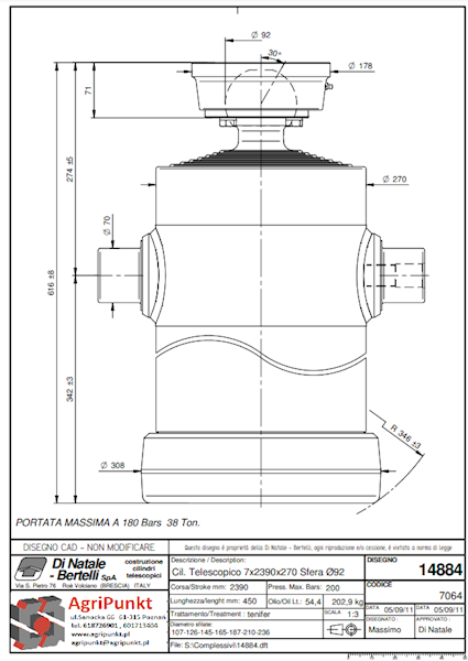 SIŁOWNIK HYDRAULICZNY  skok 2390 ,7 SEKCJI , 38 To