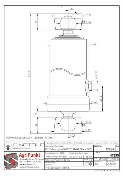 SIŁOWNIK HYDRAULICZNY DO WYWROTU ,  11 Ton  3- SEK  ,skok 1283