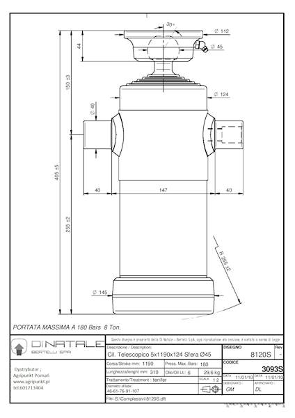 SIŁOWNIK WYWROTKI  8 Ton, C=1190  S=5, D=124 L=405