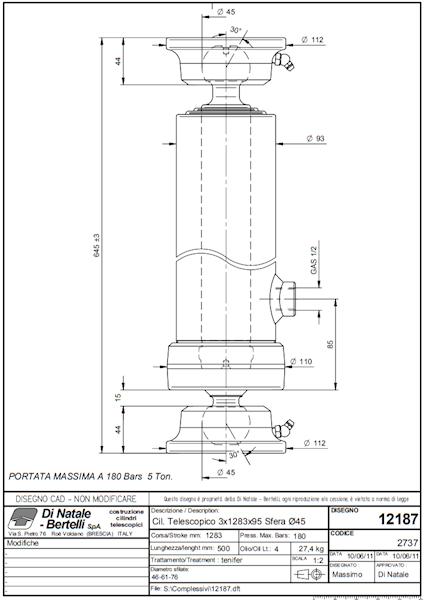 Siłownik hydrauliczny teleskop  3 sek skok 1280 8/5Ton