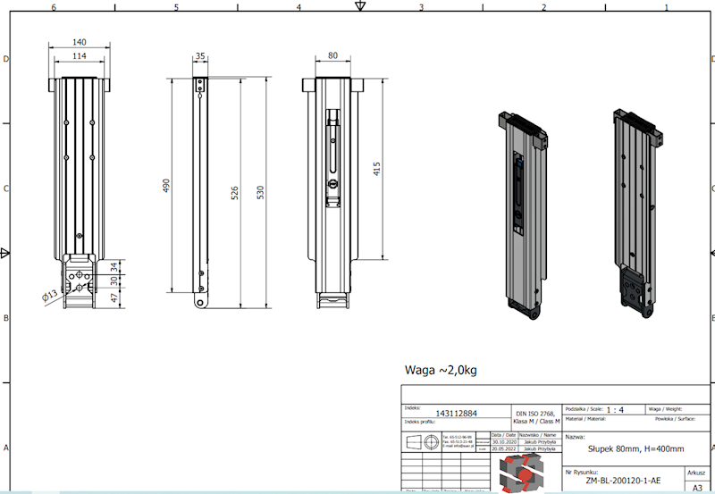 Słupek Blueline IL 80mm środkowy, H=400mm kpl. anoda 