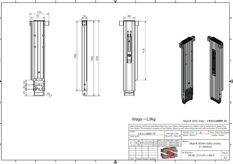 Słupek Blueline IL 80mm środkowy, H=400mm kpl. anoda 