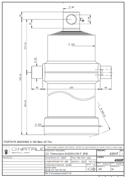 Siłownik hydrauliczny 6 sekcji , 20Ton  ,skok 2220