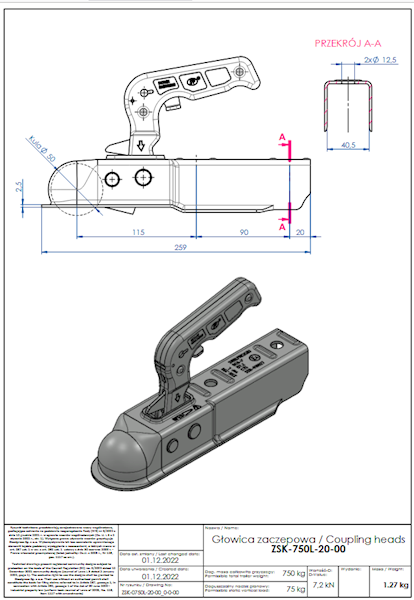Zaczep na kule samochod. do przyczepki  40x40 GVW - 750 kg- kwadrat 40,5mm
