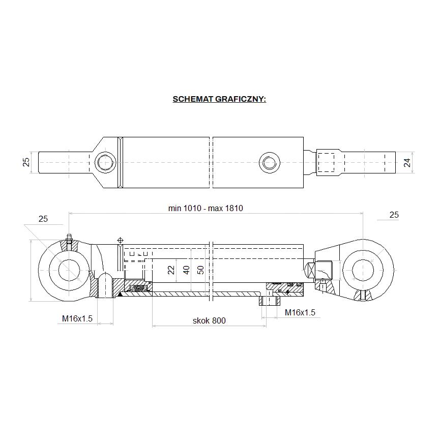 Cylinder siłownik hydr. dwustronnego działania dł.: 1010mm skok: 800mm CJ2F 40/22/800 U25