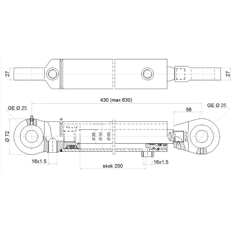 Cylinder siłownik dwustronnego działania dł.430mm skok: 200mm CJ2F-50/28/200 U25