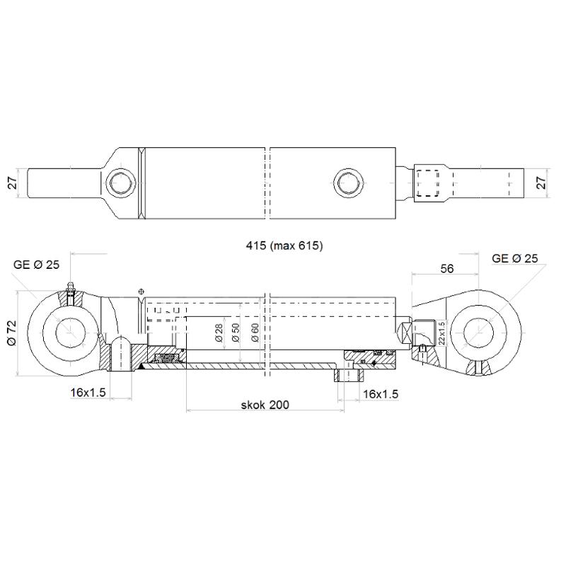 Cylinder siłownik dwustronnego działania dł.415mm skok: 200mm CJ2F-50/28/200 U25
