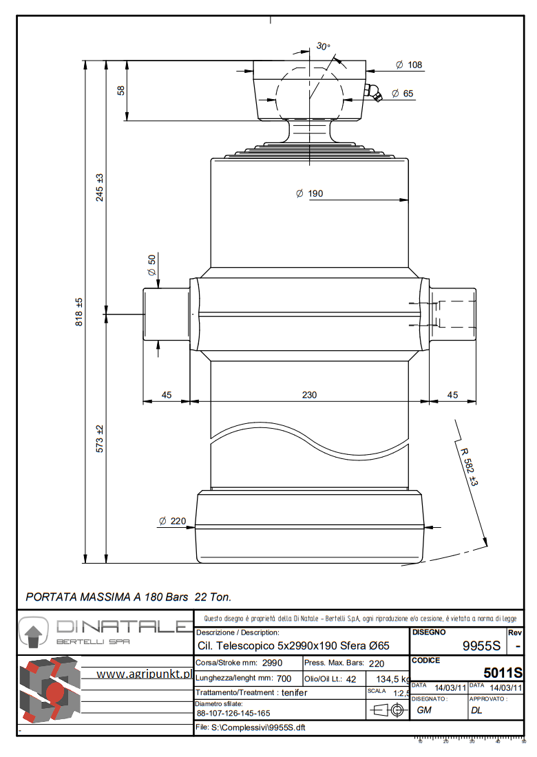 SIŁOWNIK DO WYWROTKI  22Ton , S=5  C=2990 L=818
