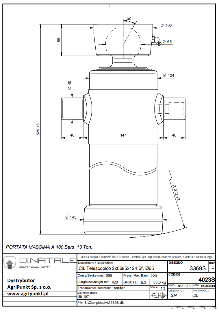 Siłownik hydrauliczny  , s dekcje  skok 695 - 13 Ton