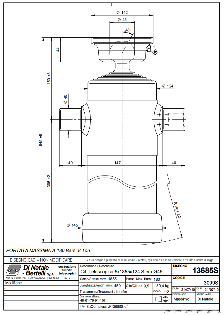 SIŁOWNIK HYDRAULICZNY 5 sekcji , skok  1855 , 8 Ton