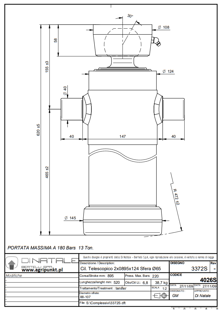 SIŁOWNIK DO WYWROTKI  13Ton , S=2  skok -895  L=620