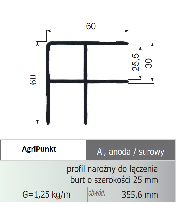 PROFIL NAROŻNIKOWY wew.25mm ALU 60X60 X30