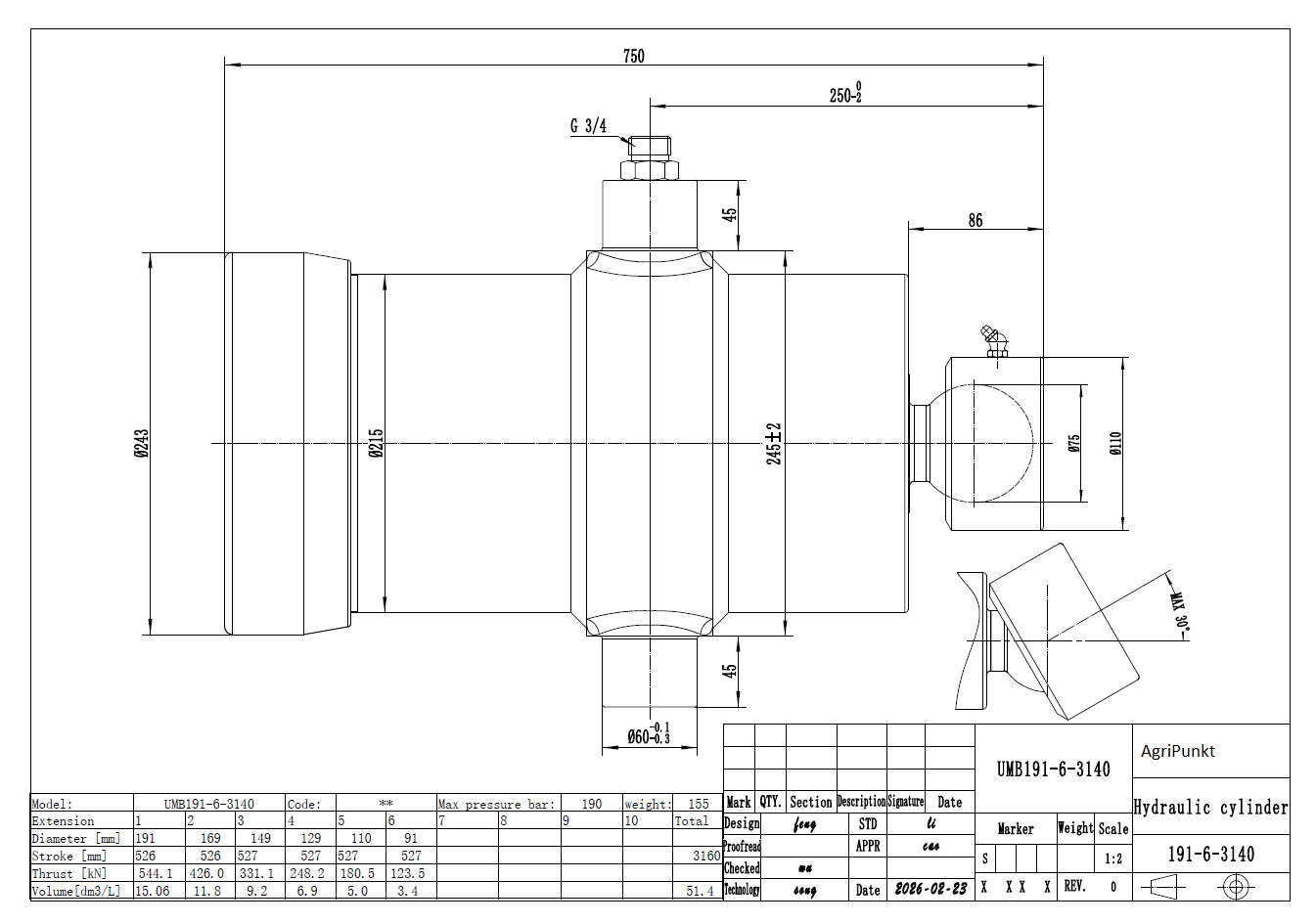 SIŁOWNIK WYWROTU UMB  48/32Ton, 6SEKCJI ,  SKOK 3140