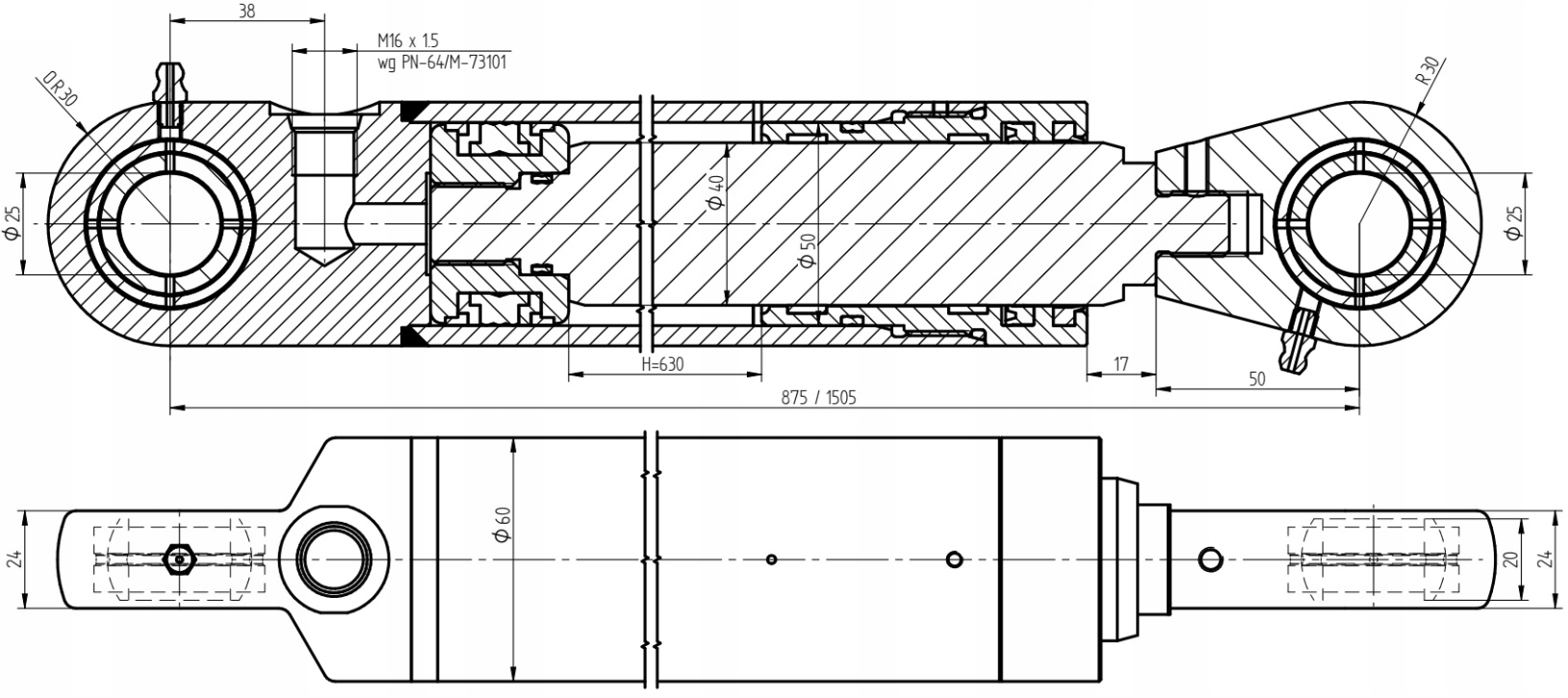 SIŁOWNIK HYDRAULICZNY do TURa skok 639 -jednostronny