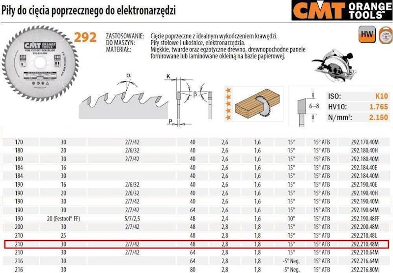 CMT Piła do elektronarzędzi cięcie poprzeczne • 210mm • 30mm • 48z