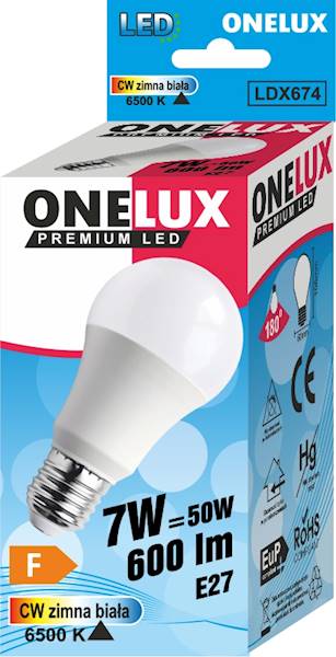 ONELUX LED E27 A60 7W  600  lm CW 6500K 50W
