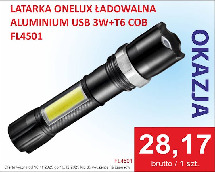 FL4501 LATARKA ONELUX ŁAD.ALUMINIUM USB 3W+T6 COB
