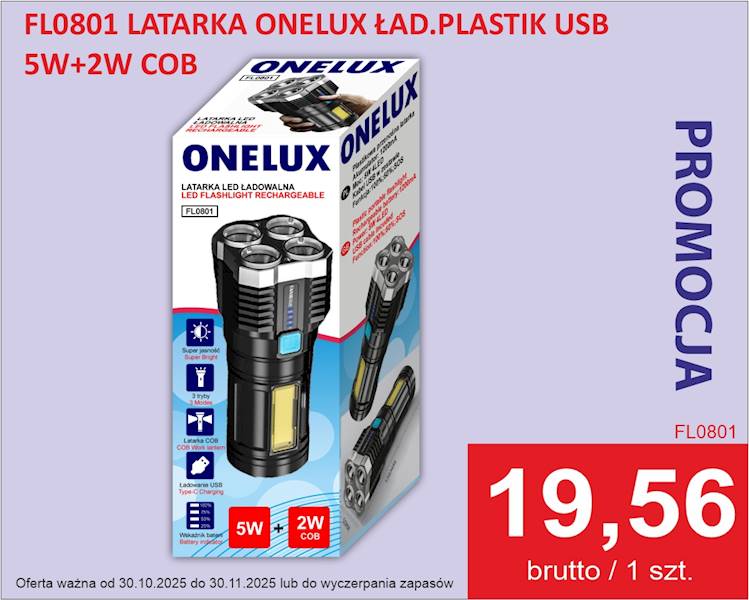 FL0801 LATARKA ONELUX ŁAD.PLASTIK USB 5W+2W COB