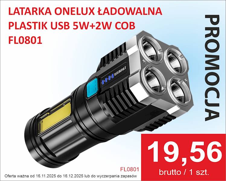 FL0801 LATARKA ONELUX ŁAD.PLASTIK USB 5W+2W COB