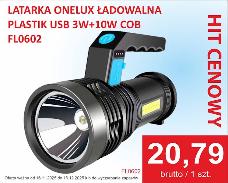 FL0602 LATARKA ONELUX ŁAD.PLASTIK USB 3W+10W COB