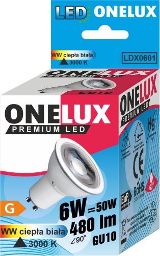 ONELUX LED GU10 6W 480 lm WW 3000K kąt.św 90.