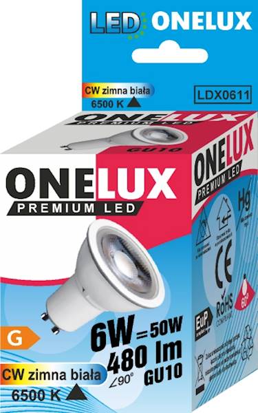 ONELUX LED GU10 6W 480lm CW 6500K kąt św.90 50W