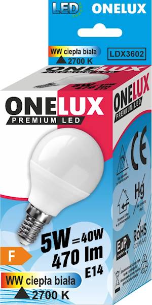 ONELUX LED E14 5 W 470 lm WW 2700L kulka G45 40W