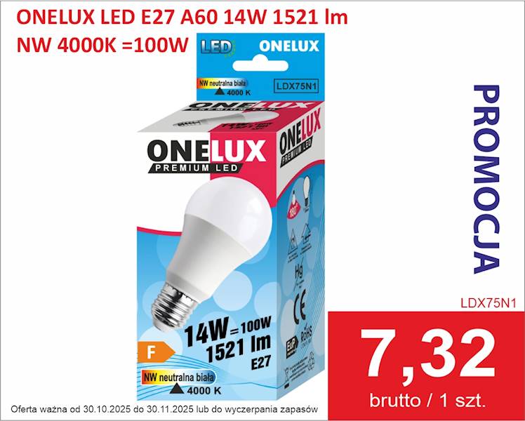 ONELUX LED E27 A60 14W  1521 lm NW 4000K 100W
