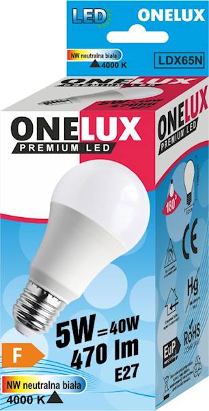 ONELUX LED E27 A60 5W 470 lm NW 4000K   40W