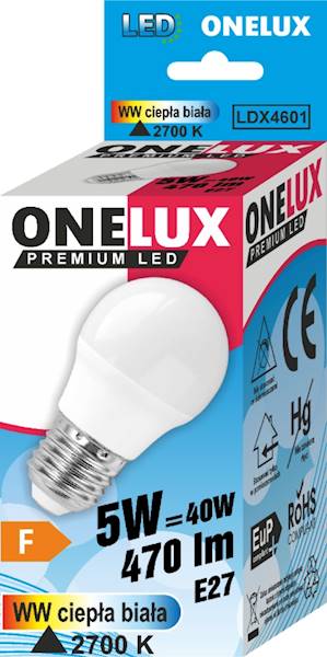 ONELUX LED E27 5 W 470 lm WW 2700K kulka G45 40W