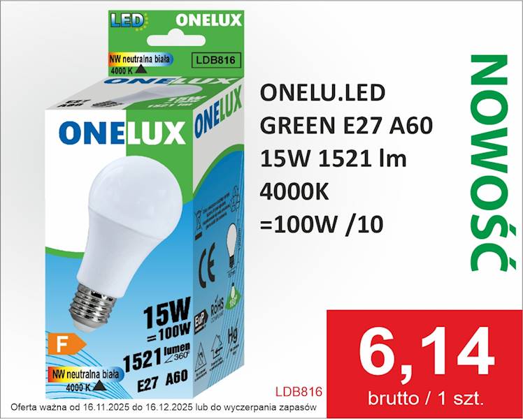 ONELU.LED GREEN E27 A60 15W 1521 lm 4000K 100W/10
