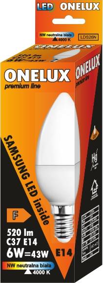 ONELUX E14 6W 520lm NW 4000K C37 dioda.Sams.43W