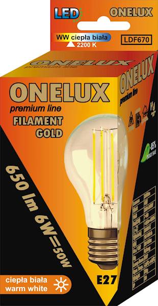 ..ONELUX E27 A60 6W 650lm WW 2200K fil.gold40W(A)