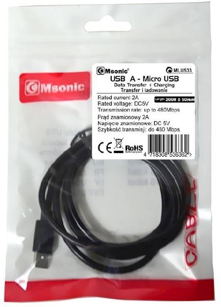 KABEL USB-MICRO USB 2m CZARNY GUMA  MLU533 MSONIC 