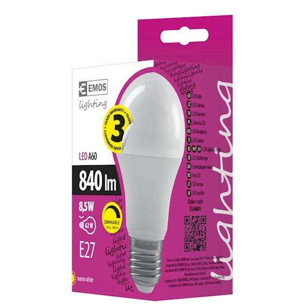 LED BASIC A60 EMOS  E27 8.5W  WW DIMM ZL4401
