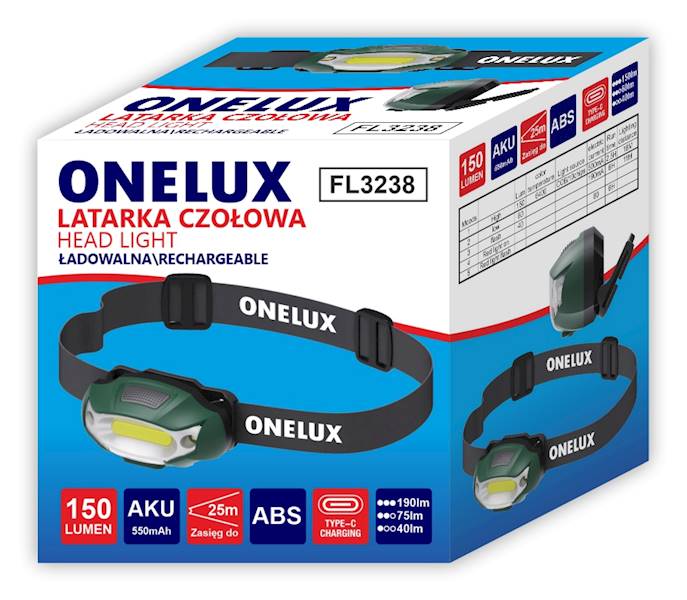 Latarka FL3238 ONELUX czołowa ład. USB-C 150lm/ 96