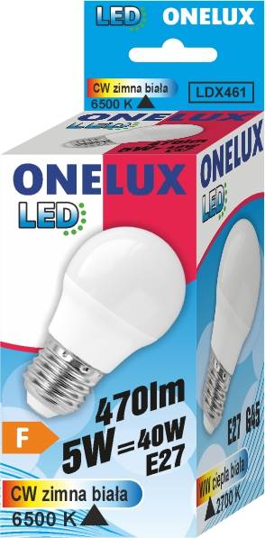 Led ONELUX E27 5W 470 lm CW 6500K kulka G45 40W