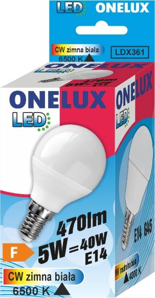 Led ONELUX E14 5W 470 lm CW 6500K kulka G45 40W