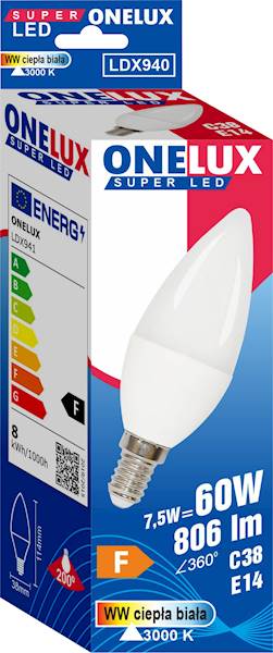 Led ONELUX E14 7.5W 806 lm WW 3000K  C38 