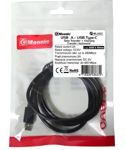 Kabel USB A-C 2m Czarny GUMA  MLU537 MSONIC 