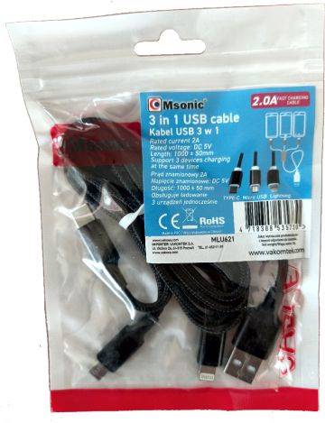 Kabel 3W1 USB A- C.MICRO.APPLE SZNU  MLU621 MSONIC