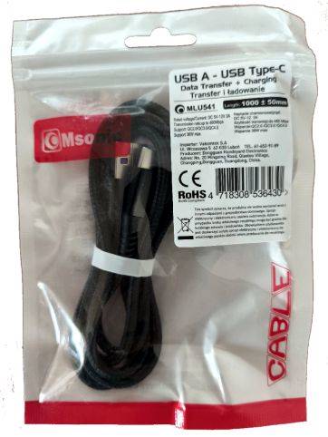 Kabel USB A - C   36W 3A SZNURKOWY  MLU541 MSONIC