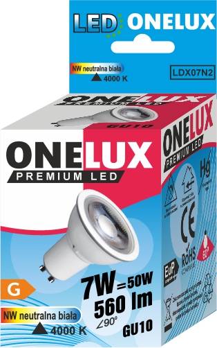 Led ONELUX GU10 7W 560lm NW 4000K kąt św.90 st.50W