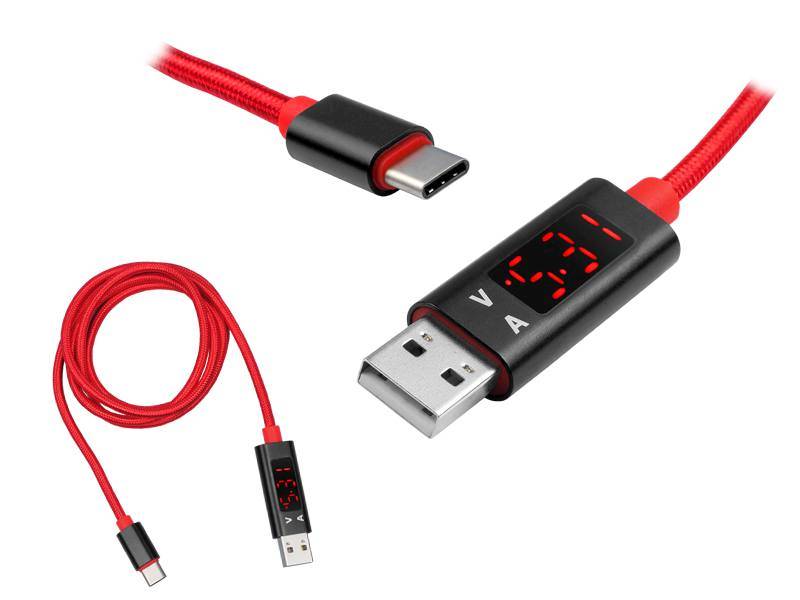KABEL POŁĄCZENIOWY USB-USB C Z MIERNIKIWM CZERWONY