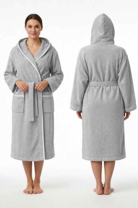 Szlafrok MB VELLUTO KOLOR roz.M 350g welur jasny szary kaptur