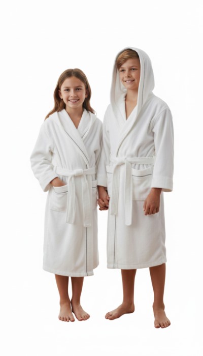Szlafrok dziecięcy MB VELLUTO welur 350g, biały, kaptur