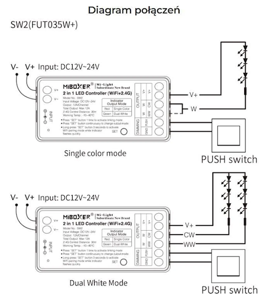 Kontroler taśm LED 2w1 MONO/CCT WIFI 12A 