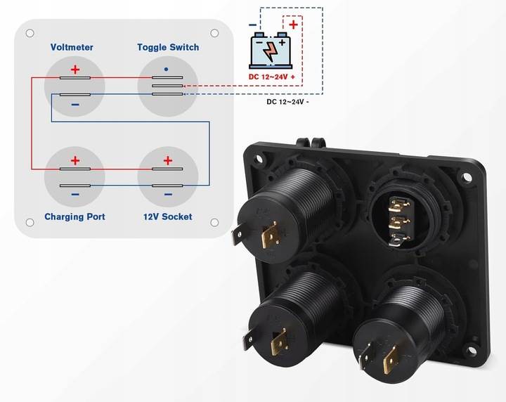 Dodatkowe gniazdo zapalniczki PANEL 4w1 Woltomierz Ładowarka 2 x USB ON/OFF + Kable